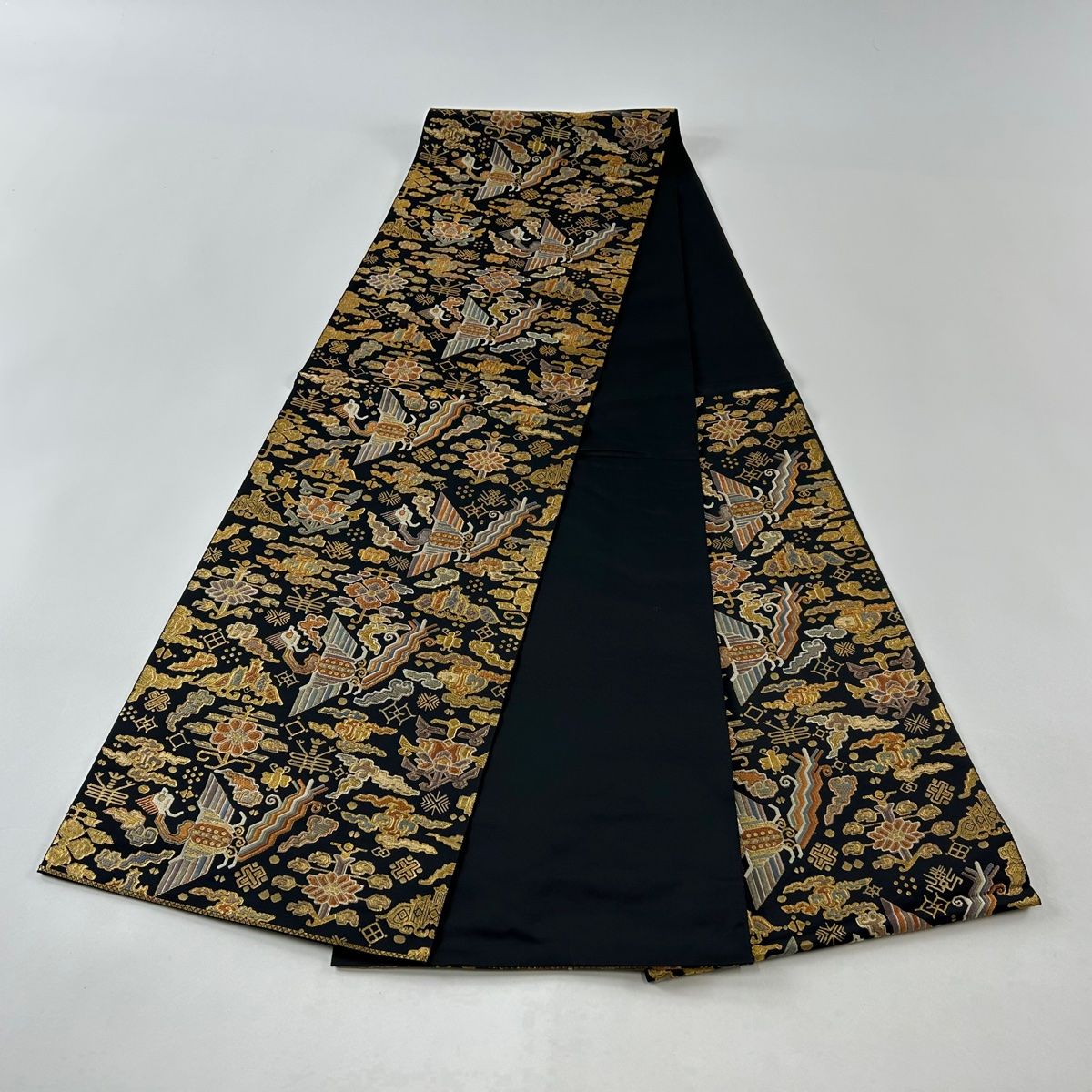 絹＋金属糸 帆船 袋帯 黒×銀糸 美品 袋帯 美品 秀品 大和錦 草花 鳥 金糸 箔 黒 六通 正絹 【中古