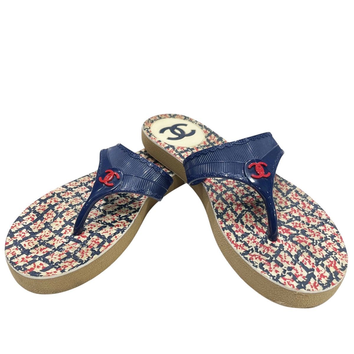 CHANEL シャネル ココマーク ビーチ サンダル トングサンダル アイボリー×ネイビー× レッド サイズ36 レディース 靴 24002386 QB
