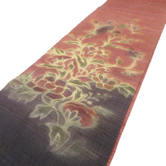 袋帯 リサイクル 正絹 紬地 カジュアル 仕立て上がり お太鼓柄 作家物 落款 夾纈染 花鳥模様 赤茶色 多色 きもの北條 A1285-11