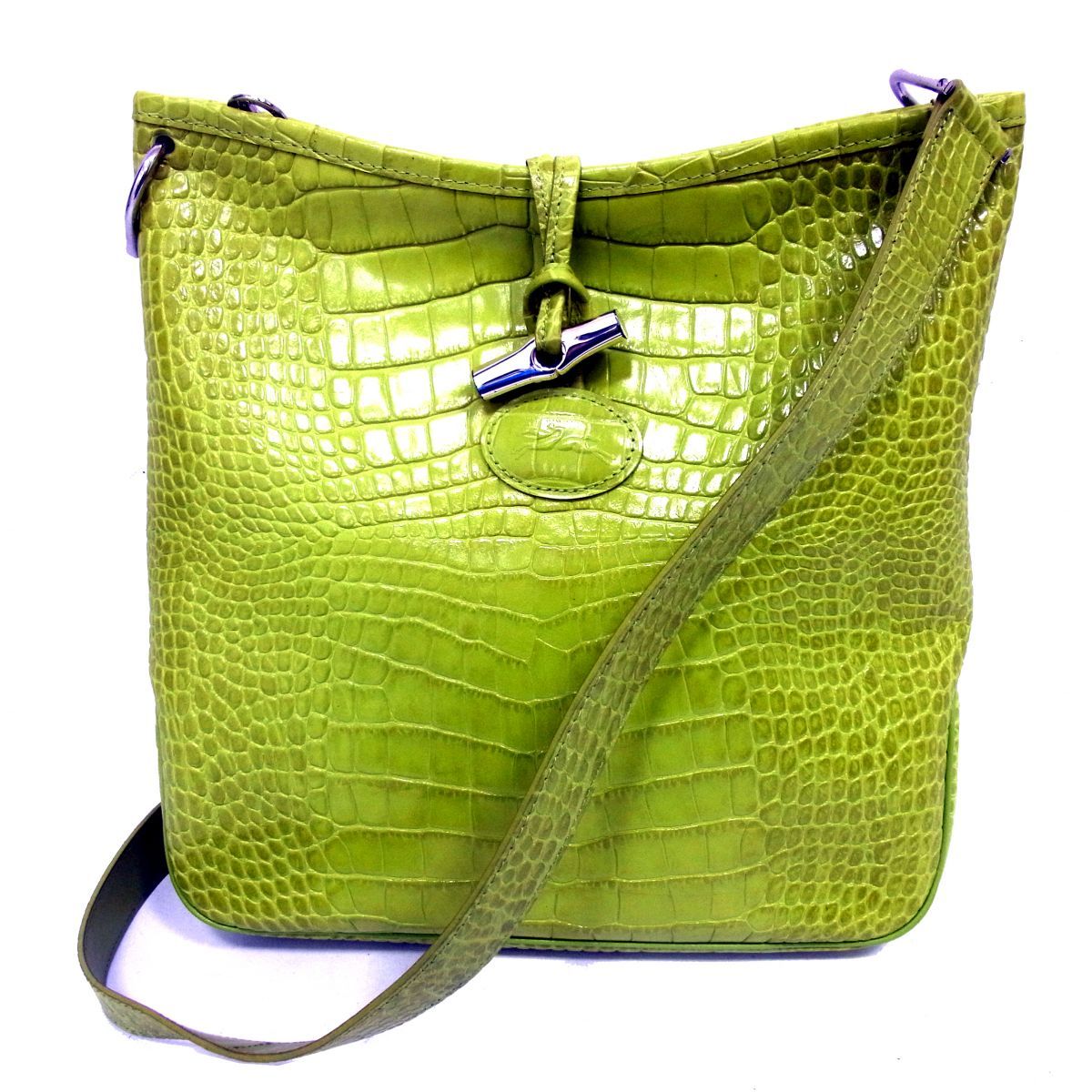 美品 ロンシャン 389 ロゾ ショルダーバッグ クロコ型押し レザー グリーン □LONGCHAMP ロゾ クロコ型押しレザー ショルダーバッグ モーリシャス