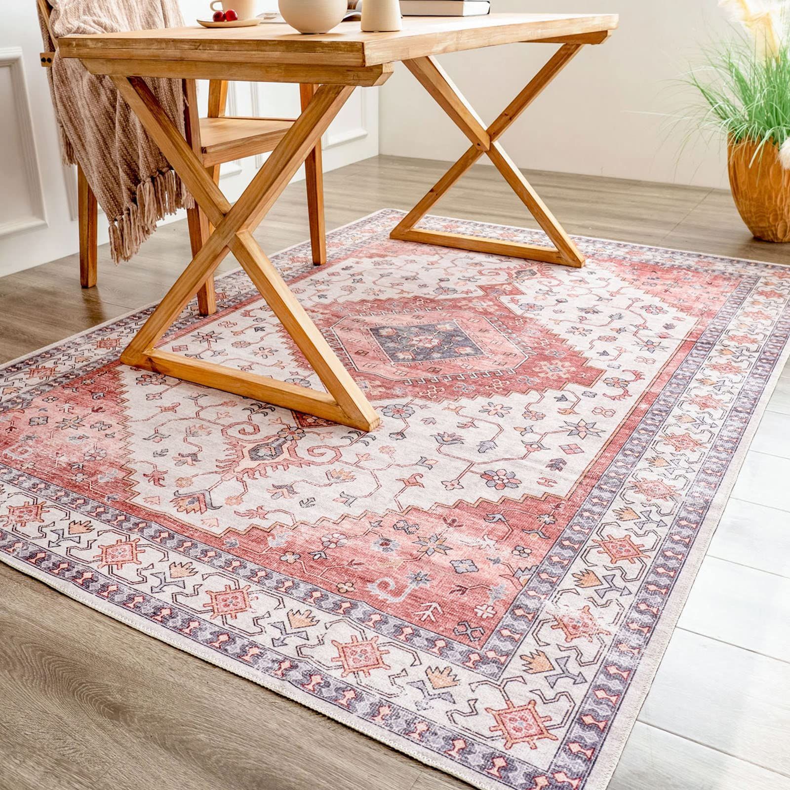 DECOMALL カーペット 2畳 ペルシャ風絨毯 ラグマット 洗える 花柄 185X185CM オールシーズン 滑り止め ピンク 防臭 防ダニ 床暖房対応