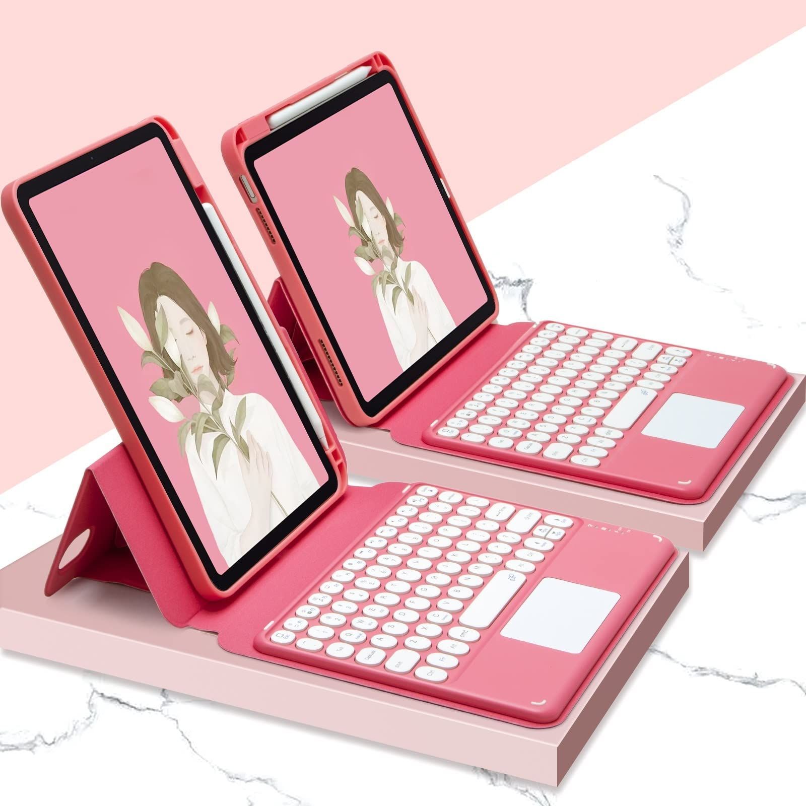 商品 2025 iPad 第10世代 用 ケース iPad 10.9インチ キーボード ケース 磁気吸着 縦置きスタンド機能 Pencil 収納 分離式 キーボード タッチパッド搭載 丸型キー 透明な背面シェル カバー ピンク レッド