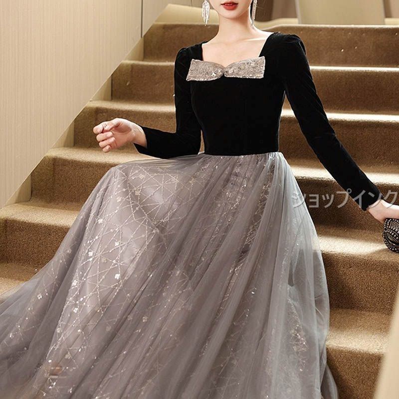 上品ブラック ロングドレス Vネック パーティー 発表会 Vネックキレイめ ファッション パーティードレス ロングドレス