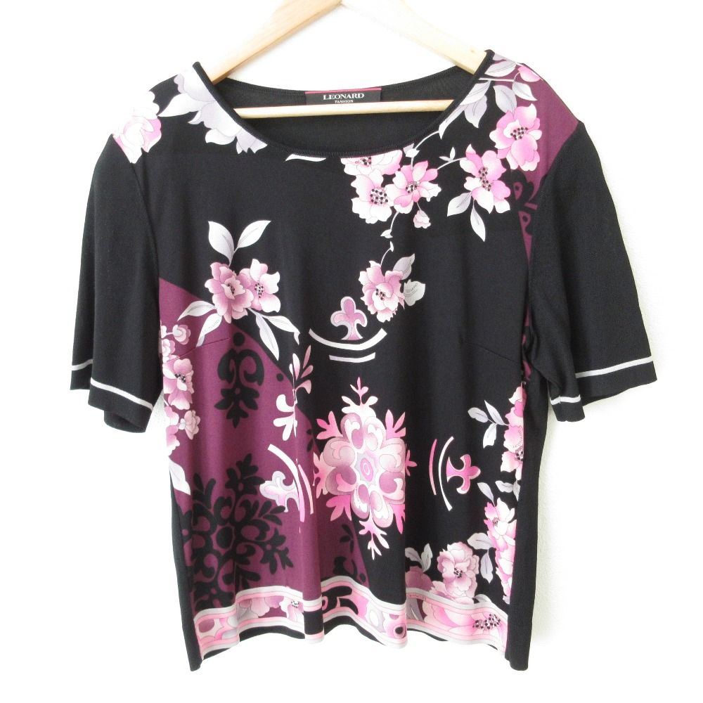 試着程度・現行近　LEONARD カンカン　花柄　カットソー　トップス　38号 美品 LEONARD レオナール フラワープリント カンカンストレッチ