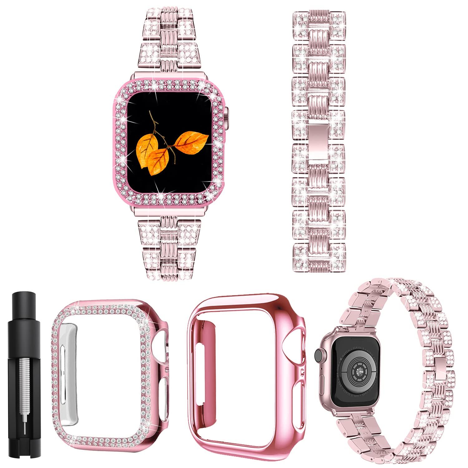 GOCROWEEN for Apple Watch8/7 用 バンド アップルウォッチ45mm バンド ステンレスバンド 2個の保護ケース付き ダイヤモンドラインストーン Apple watch7ケース 長さ調整ツール付き Apple Watch 45mm交換