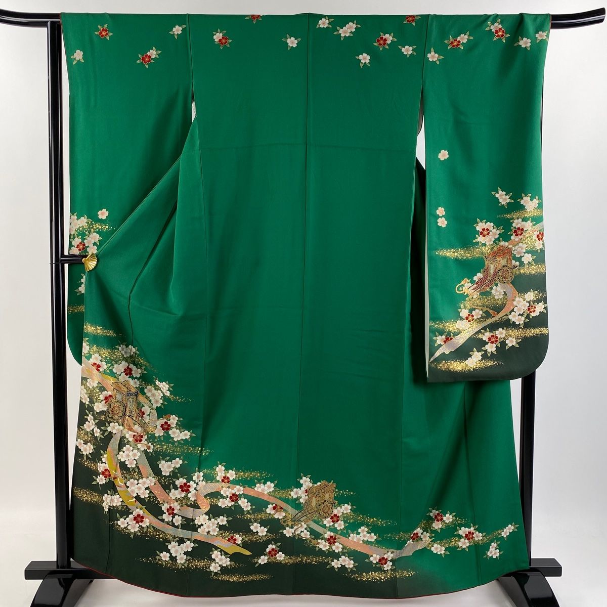 振袖 身長151-166cm 鮮やか緑　正絹 振袖 身丈161cm 裄丈65cm M 袷 桜 御所車 金彩 緑 正絹 秀品