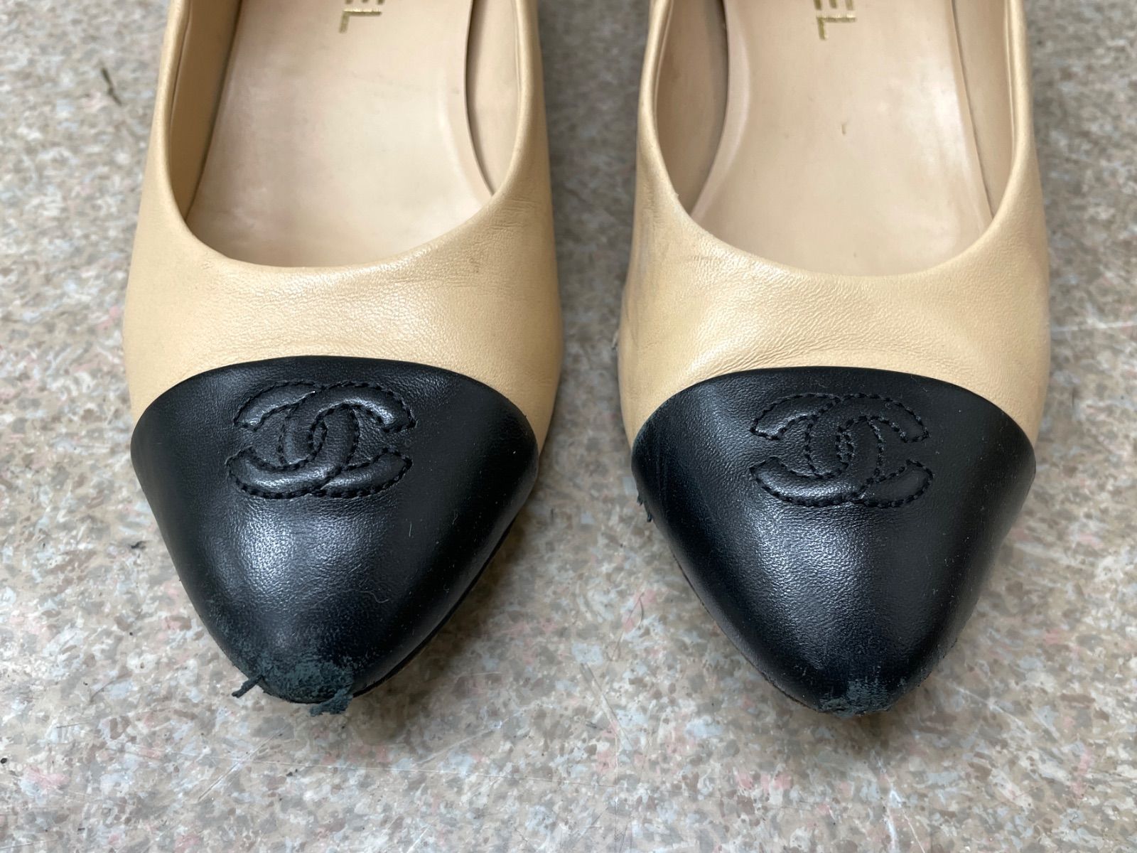 CHANEL シャネル パンプス ラムスキン 38 1|2 C バイカラー ブラック ベージュ レディース KIN-KAAI_COM