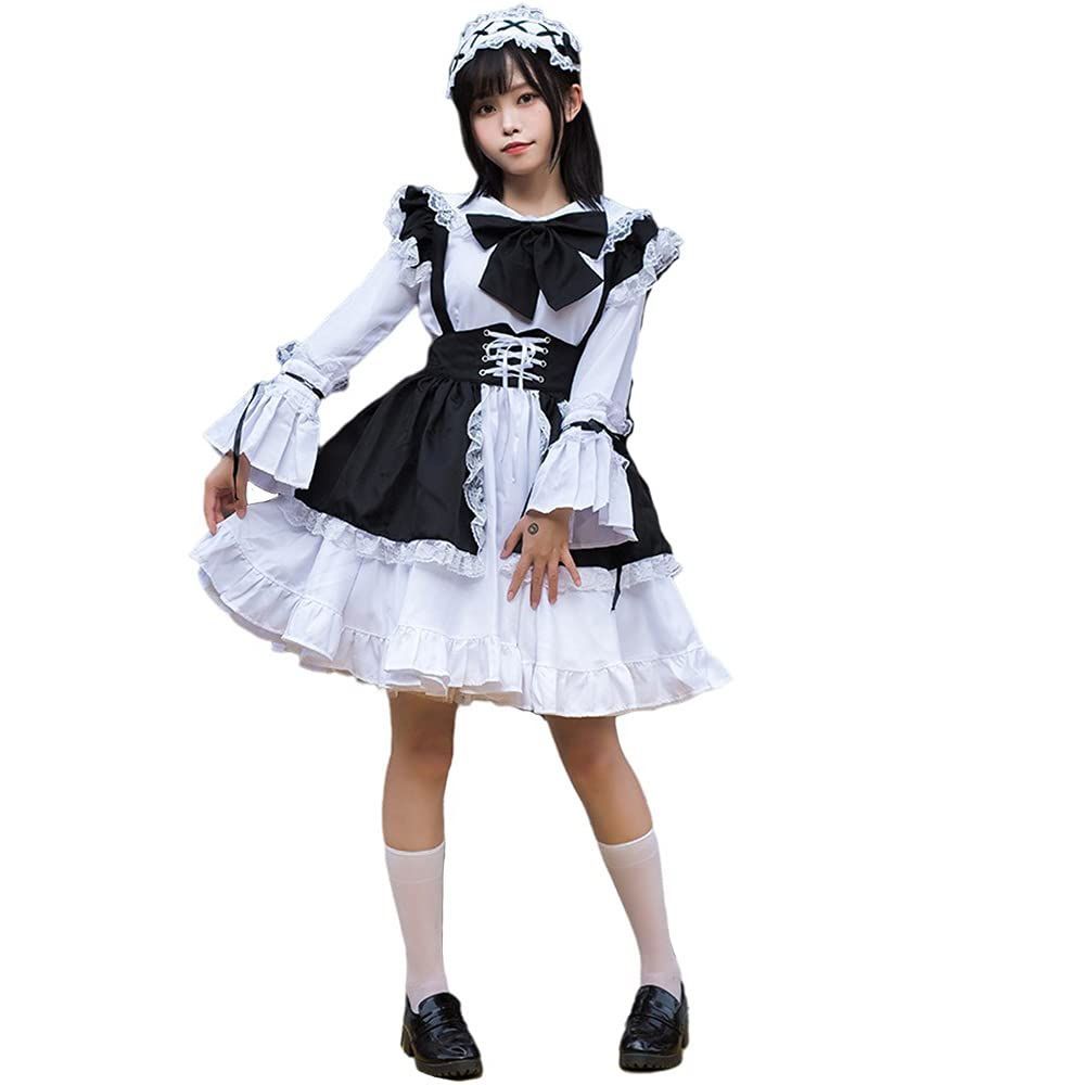 [YIUHK] メイド服 ロリータ コスプレ ハロウィン 仮装 レディース ワンピース エプロン イベント リボン 長袖 カチューシャ ニーハイソックス付き 5点セット