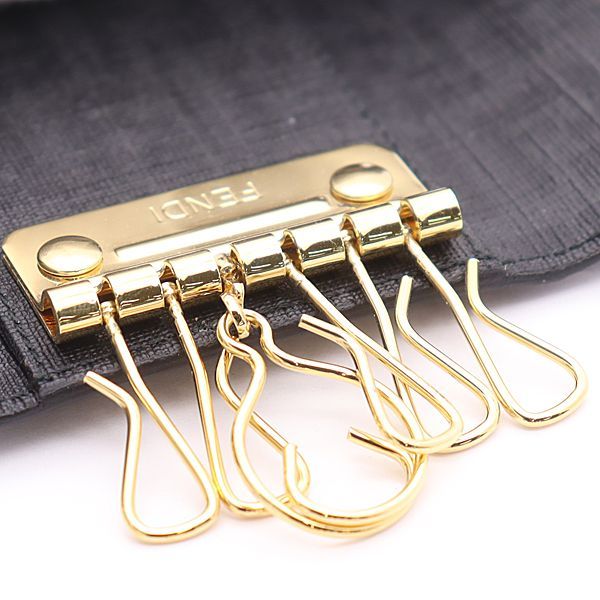 箱付 美品 フェンディ ズッカ柄 6連 ゴールド レザー ブラック メンズ