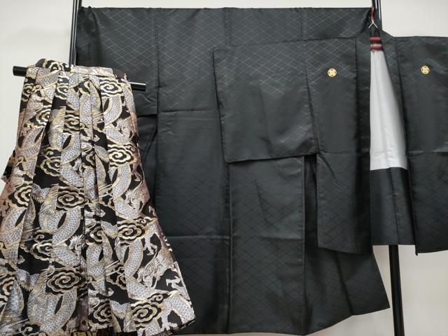 平和屋着物 上 男性 色無地 紋付き羽織 行灯袴セット キングサイズ 舞台衣装 花菱地紋 黒地 洗える着物 CYAA3469s5