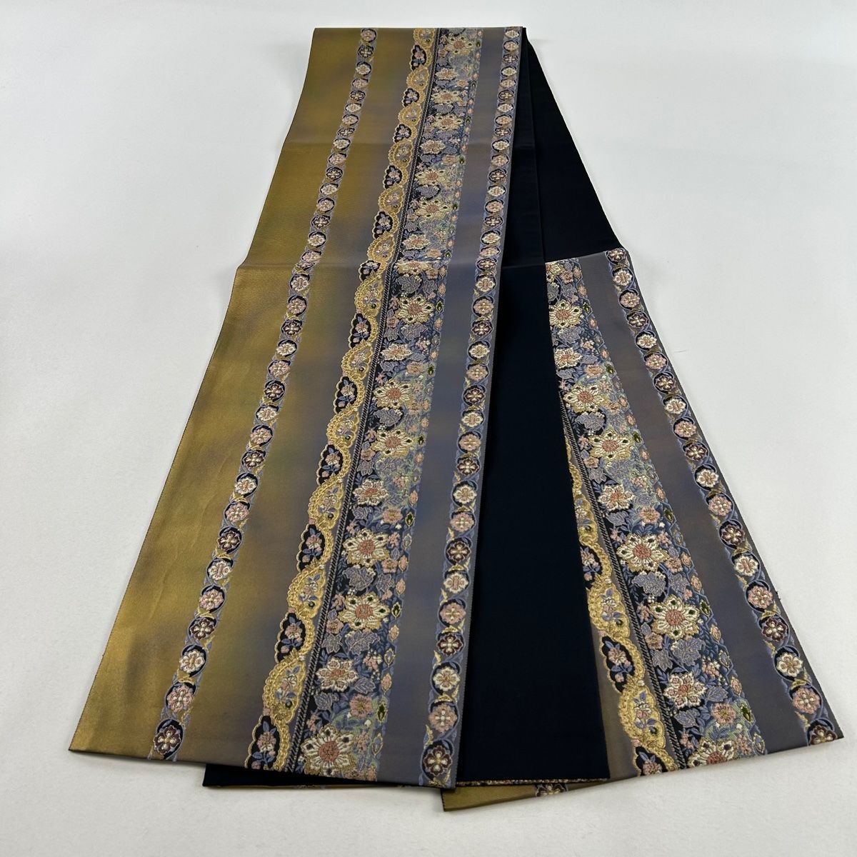 袋帯 美品 名品 本泥染袋帯 やまと 菱 箔 青緑 六通 正絹 【