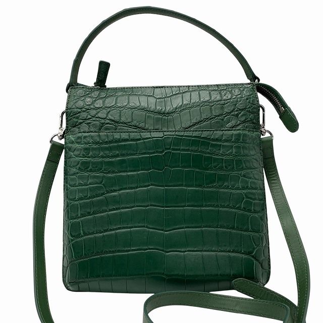 2WAY マットクロコダイル ショルダーバッグ センター取り 斜め掛け ワニ レザー グリーン