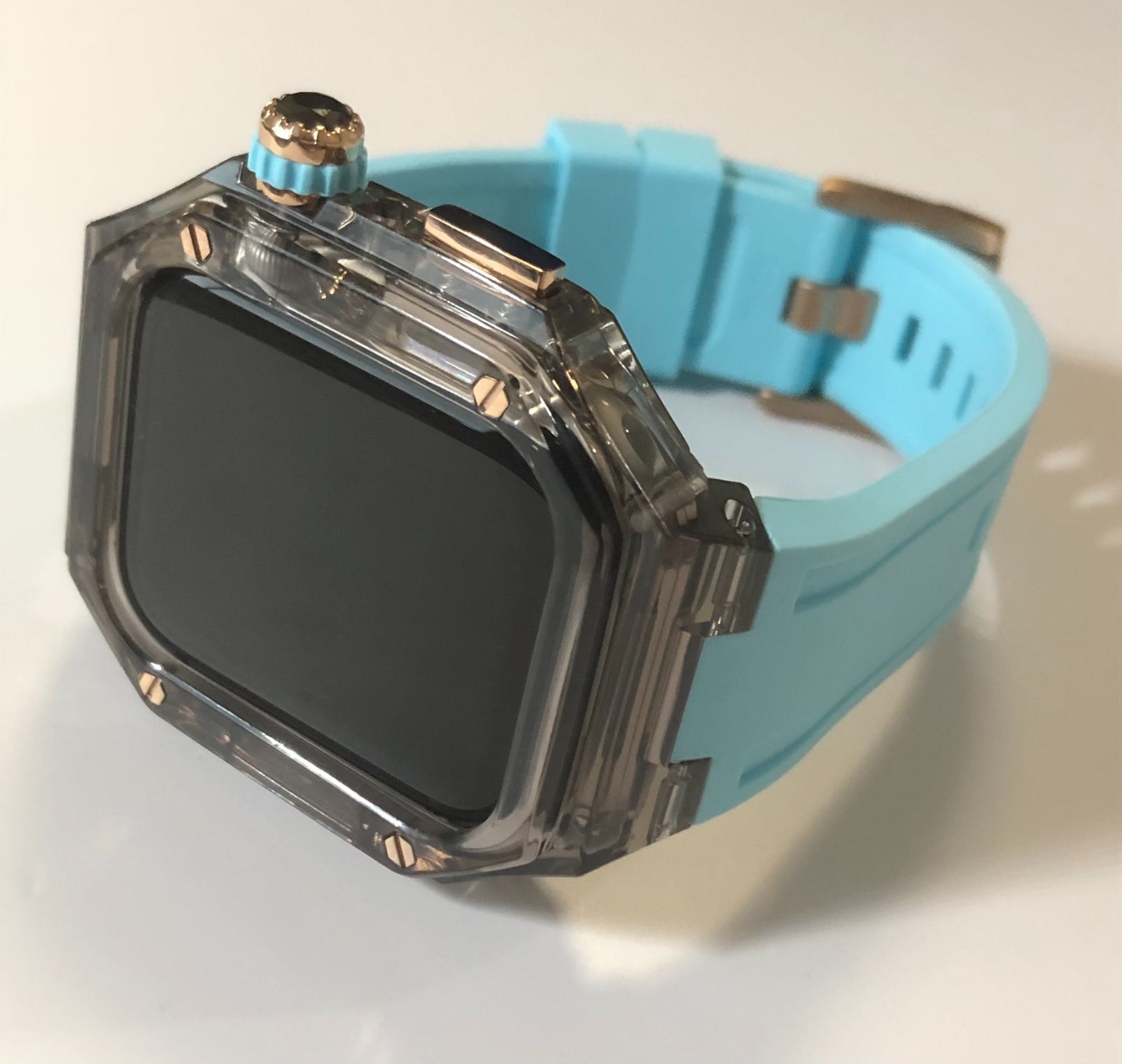GimelZayin zc rg ブラッククリア　スカイブルー★アップルウォッチ ラバーベルト カバー　クリア ケース 40mm 41mm 44mm 45mm 46mm 49mm メンズ レディース　4スクリュー Apple Watch バンド