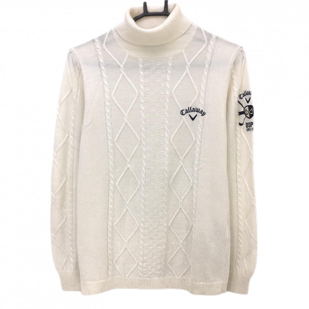 【美品】キャロウェイ タートルネックセーター アイボリー 前面・袖ケーブル編み ウール混 胸ロゴ刺しゅう メンズ M ゴルフウェア Callaway