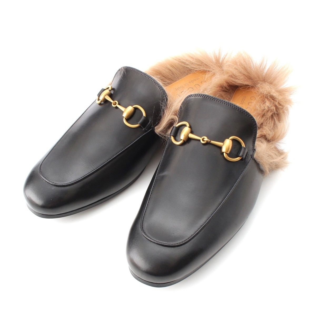 グッチ ファー レザー プリンスタウン ホースビット スリッパ サンダル シューズ ブラック 7