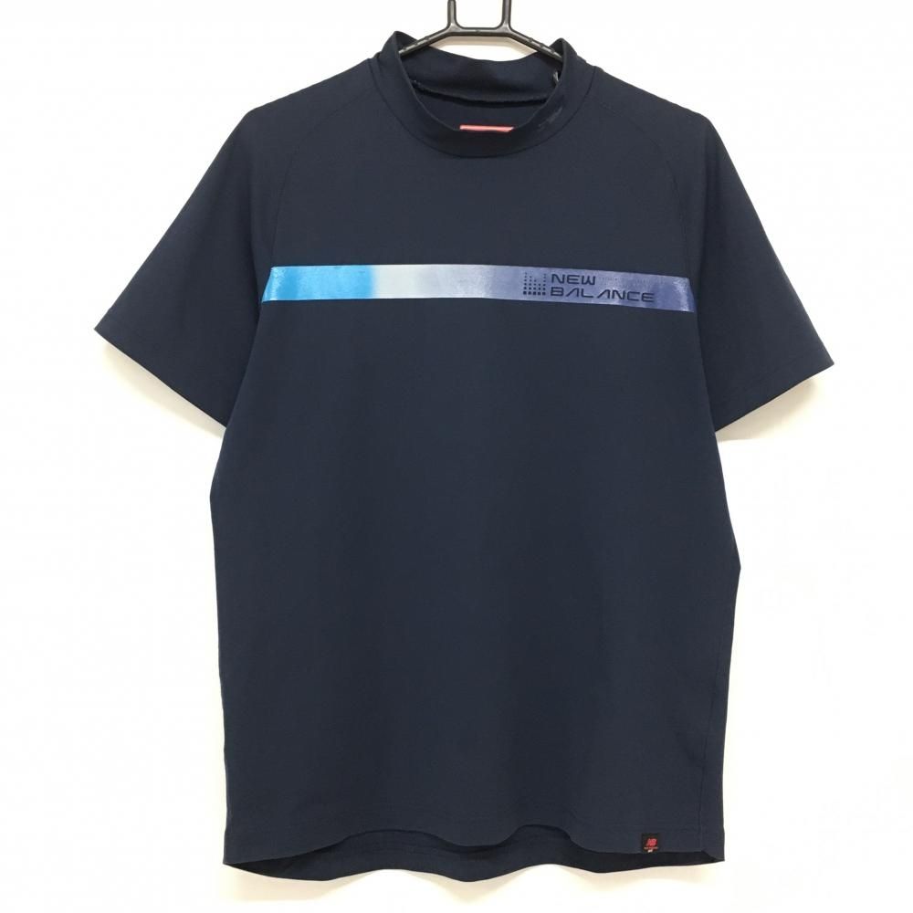 【超美品】ニューバランスゴルフ 半袖ハイネックシャツ ネイビー 胸元プリントライン  メンズ 6(XL) ゴルフウェア New Balance
