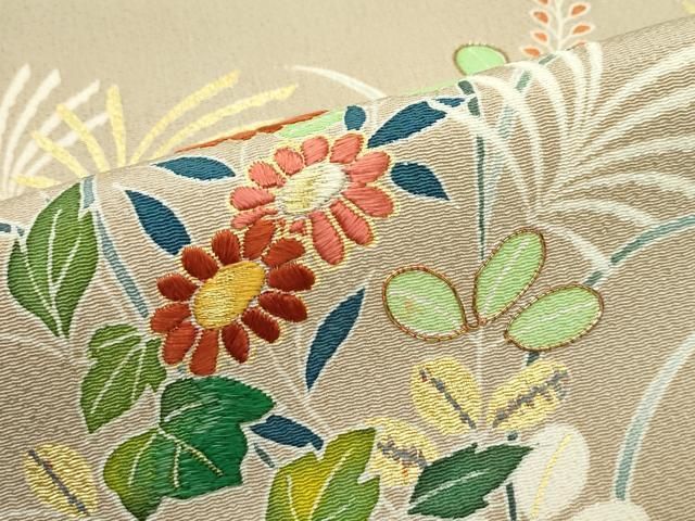 平和屋本店□極上 九寸名古屋帯 友禅 作家物 明美 駒刺繍 草花文