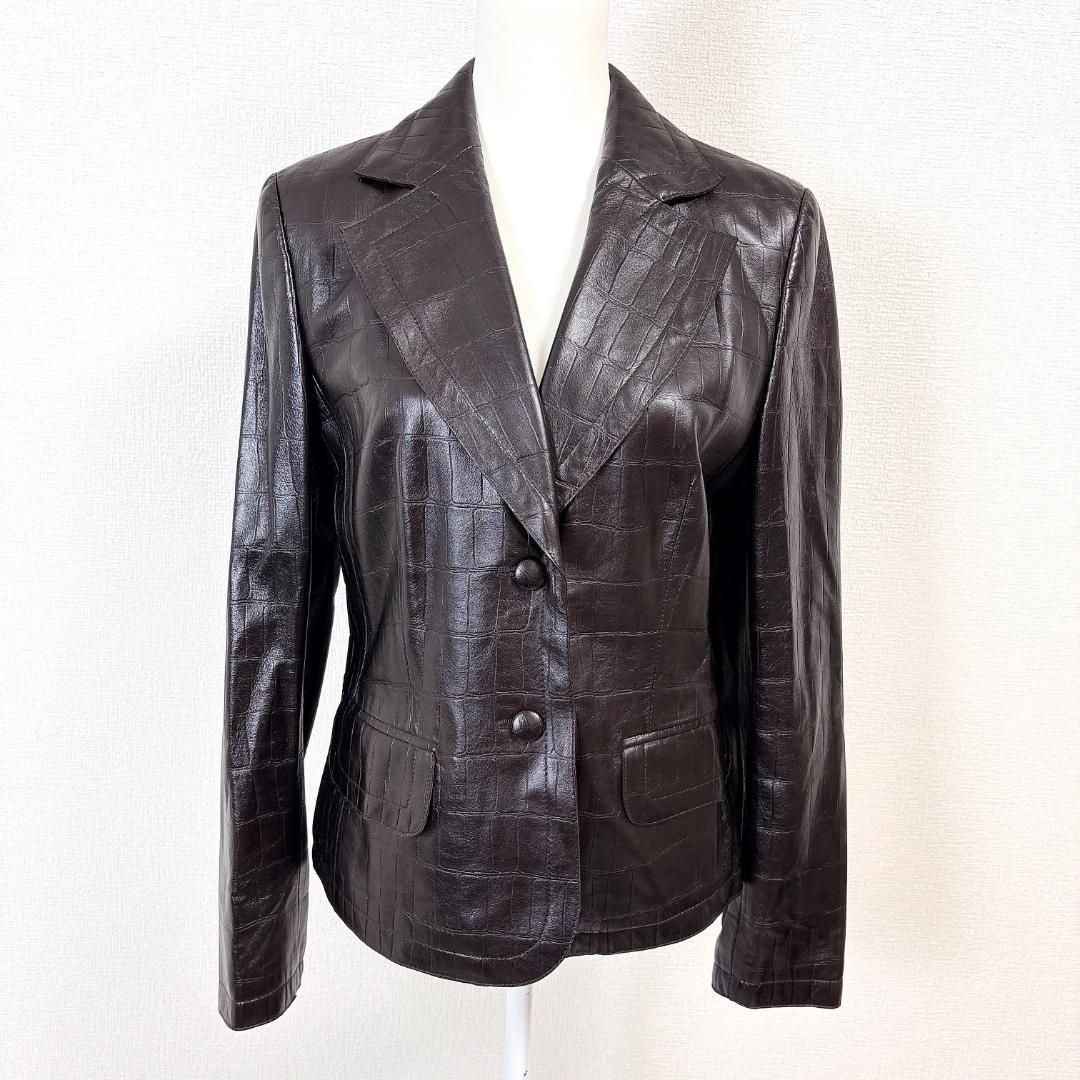 ESCADA レザー ジャケット 38号 美品】ESCADA 型押しレザージャケット ラムナッパ 38 ダークブラウン