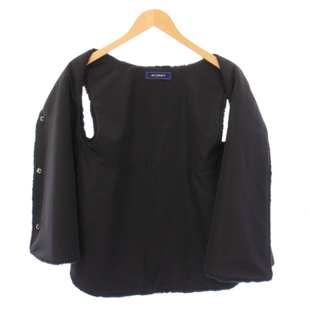 M,S GRACY ファー付きブラック長袖トップス サイズ38 エムズグレイシー M'S GRACY ベスト 前開き クルーネック