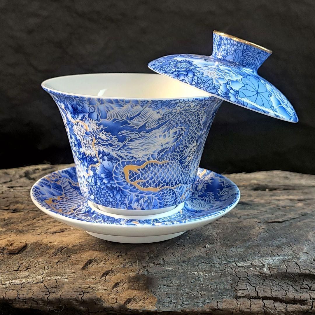 中国茶器 紅竜三才蓋碗 茶碗 湯飲み煎茶器 新品未使用 青花釉里紅祥龍三才蓋碗 中国茶器 景徳? 蓋付き茶器 飲茶食器