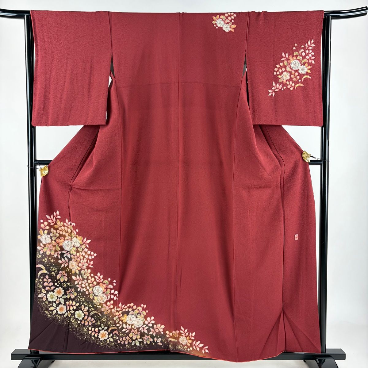 付下げ 身丈156.5cm 裄丈63.5cm S 袷 翠山工房 やまと 落款 辻が花 金彩 ぼかし えんじ色 正絹 名品