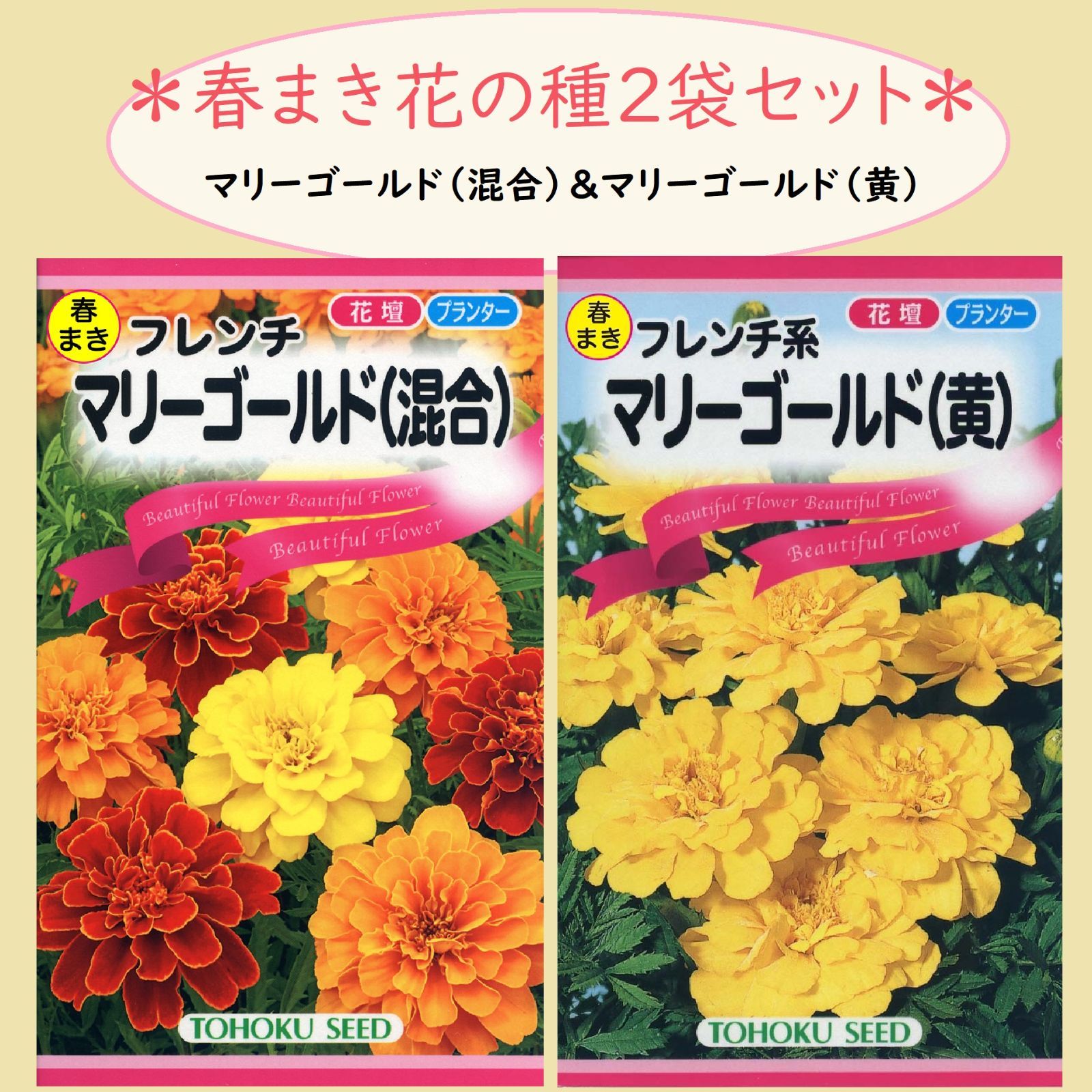メルカリshops 花の種 春蒔き ２袋セット フレンチマリーゴールド 混合 マリーゴールド 黄