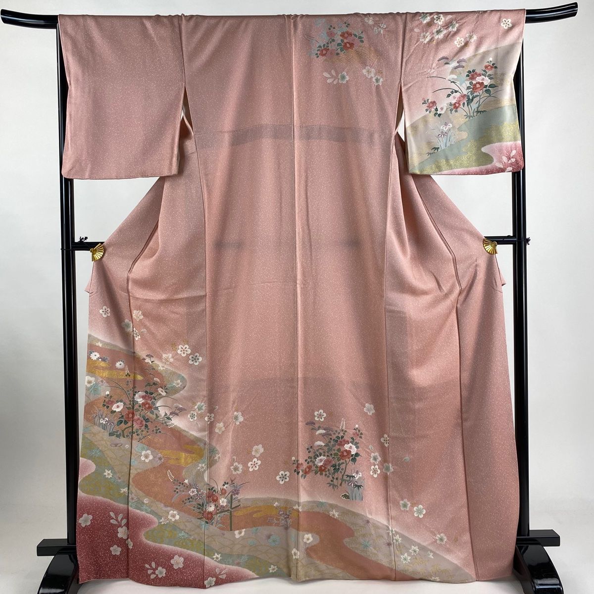 訪問着 身丈168cm 裄丈67.5cm L 袷 椿 霞 金彩 ぼかし ピンク 正絹 名品