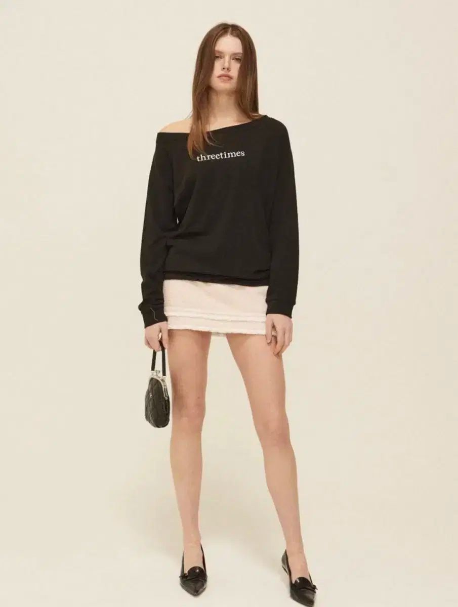  threetimes スリータイムズ ベーシック ロゴ オフトップ 黒 長袖 Tシャツ カットソー