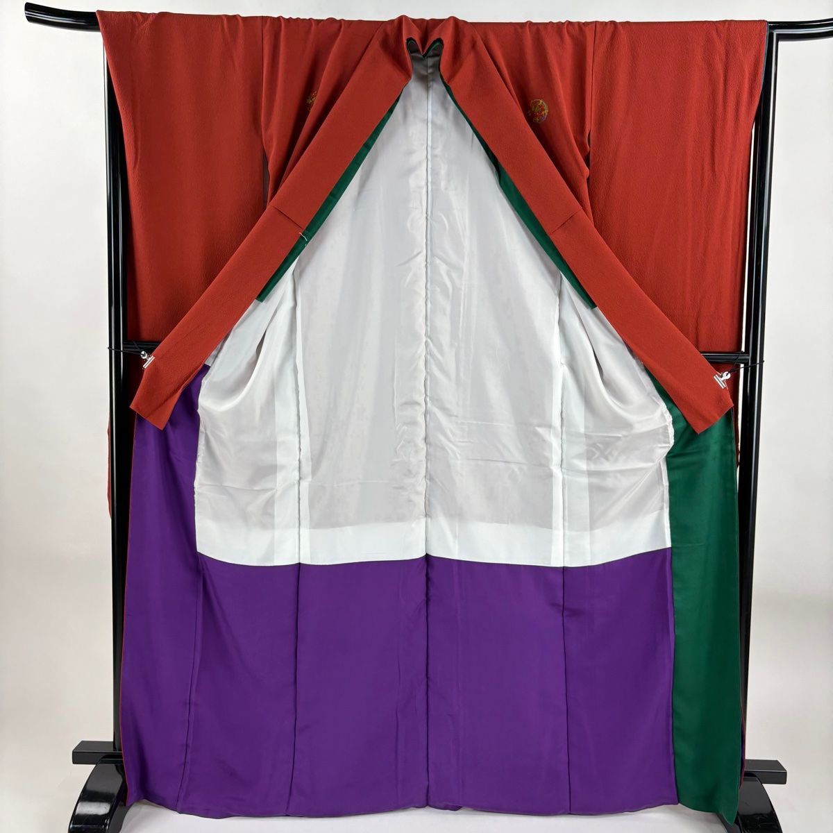 美品】 振袖 身丈168cm 裄丈66.5cm M 袷 縮緬 赤茶 正絹 名品 三つ紋 