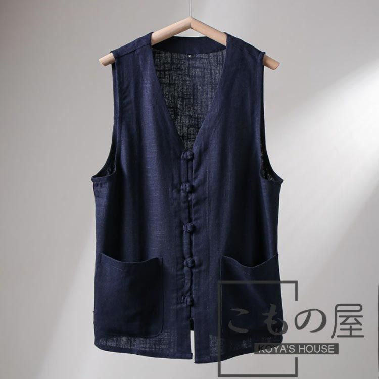 極美品＊自由区 ノーカラーリネン混ジレ 40 ネイビー紺 ボタンレス ベスト CHA_4_43f7af36-a1a2-459f-9d08-