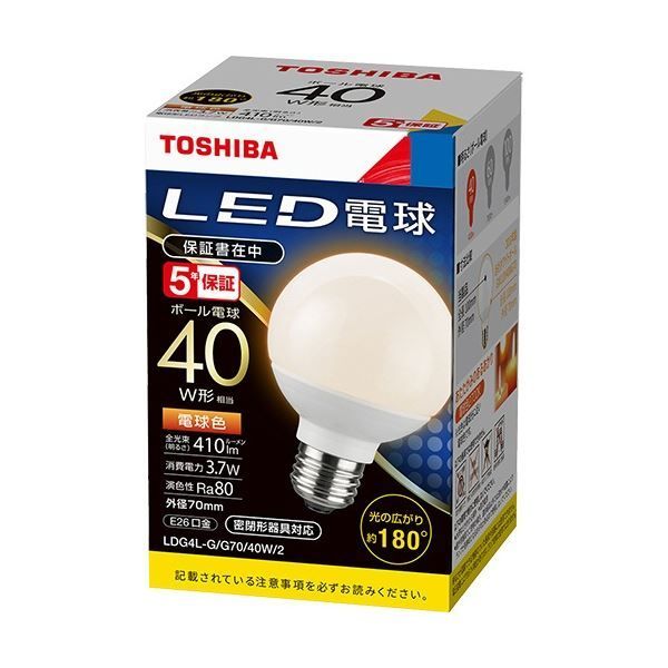 (まとめ) 東芝ライテック LED電球 ボール電球形 E26口金 3.7W 電球色 LDG4L-G/G70/40W/2 1個 