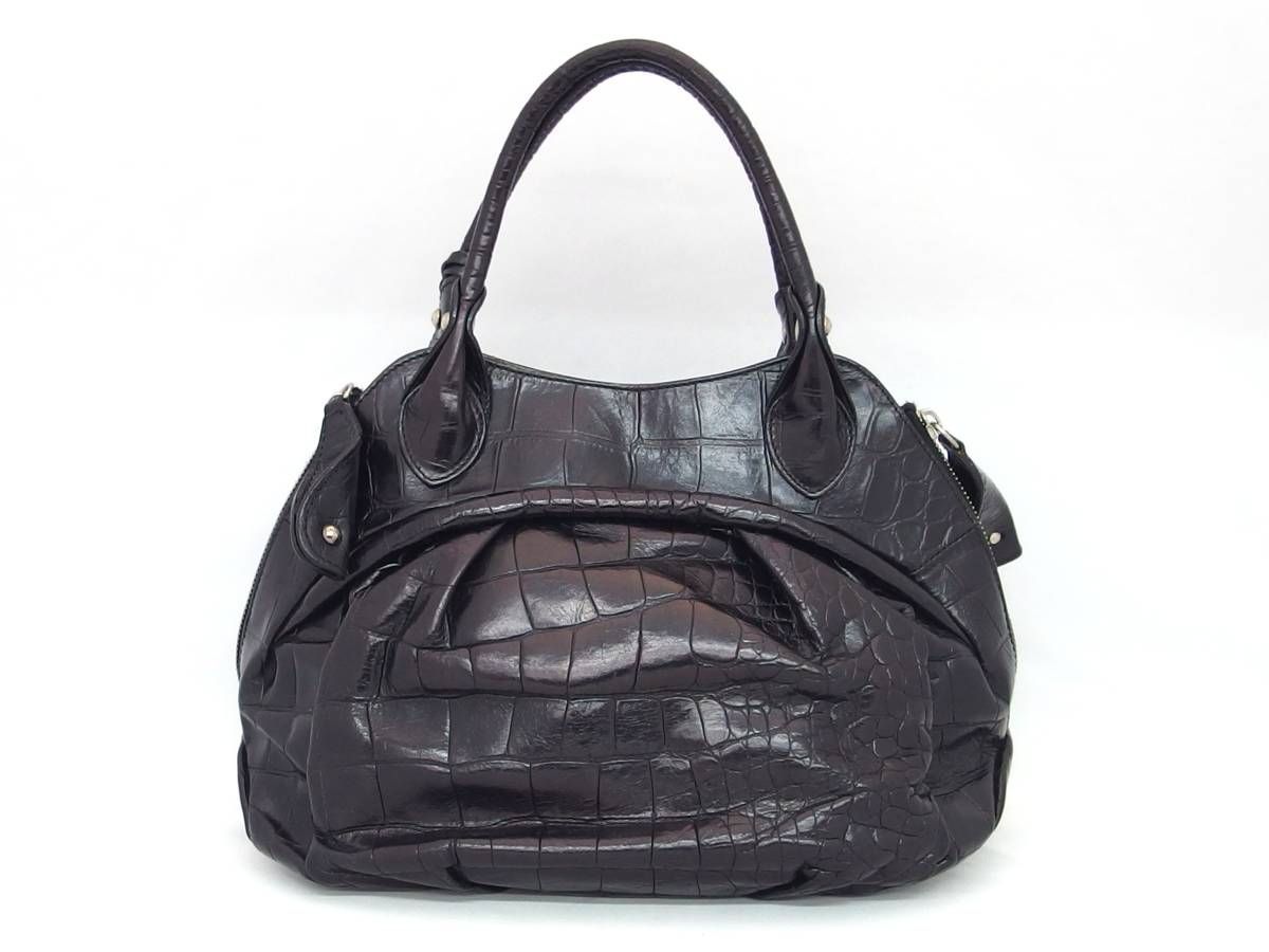 FURLA フルラ 本革 クロコ型押しレザー ハンドバッグ 黒(ブラック 