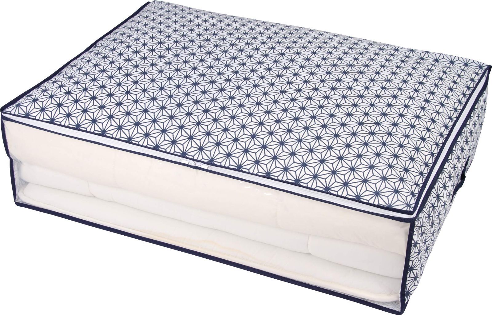【特価商品】透明窓付き 収納袋 不織布 約W98×D70×H25cm 880-35 麻の葉柄 ホワイト×ネイビー シングルサイズ 敷布団用 収納ケース アストロ