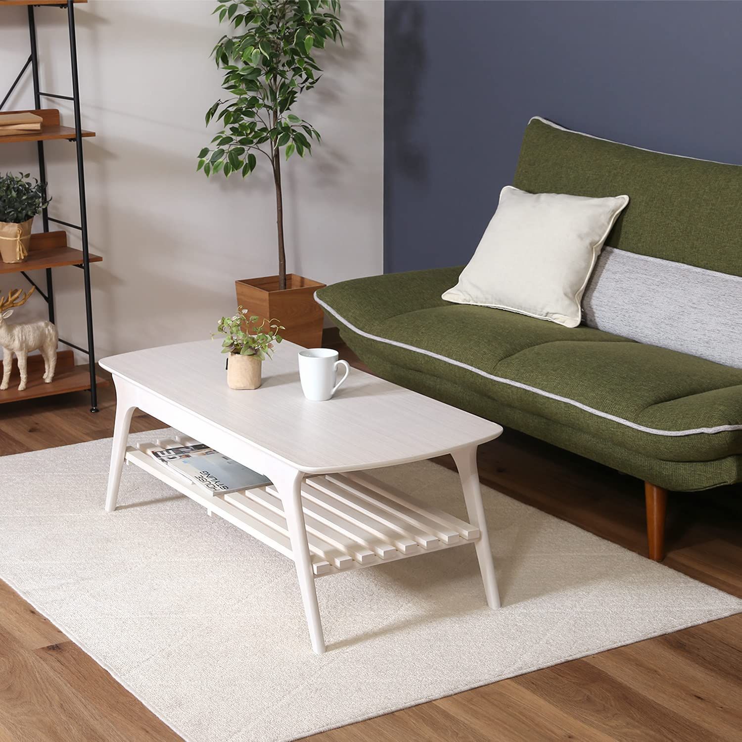 不二貿易 ローテーブル センターテーブル 幅110×奥行50×高さ40cm ホワイト 収納棚 引き出し付き 木目調 床傷防止 98072