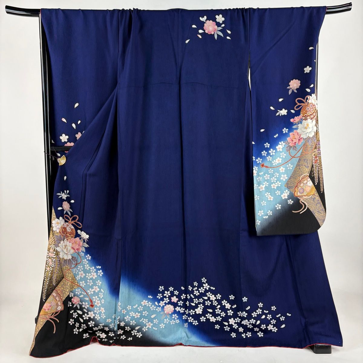 振袖 身丈173cm 裄丈73.5cm L 袷 牡丹 鈴 金糸 金彩 青紫 正絹 秀品