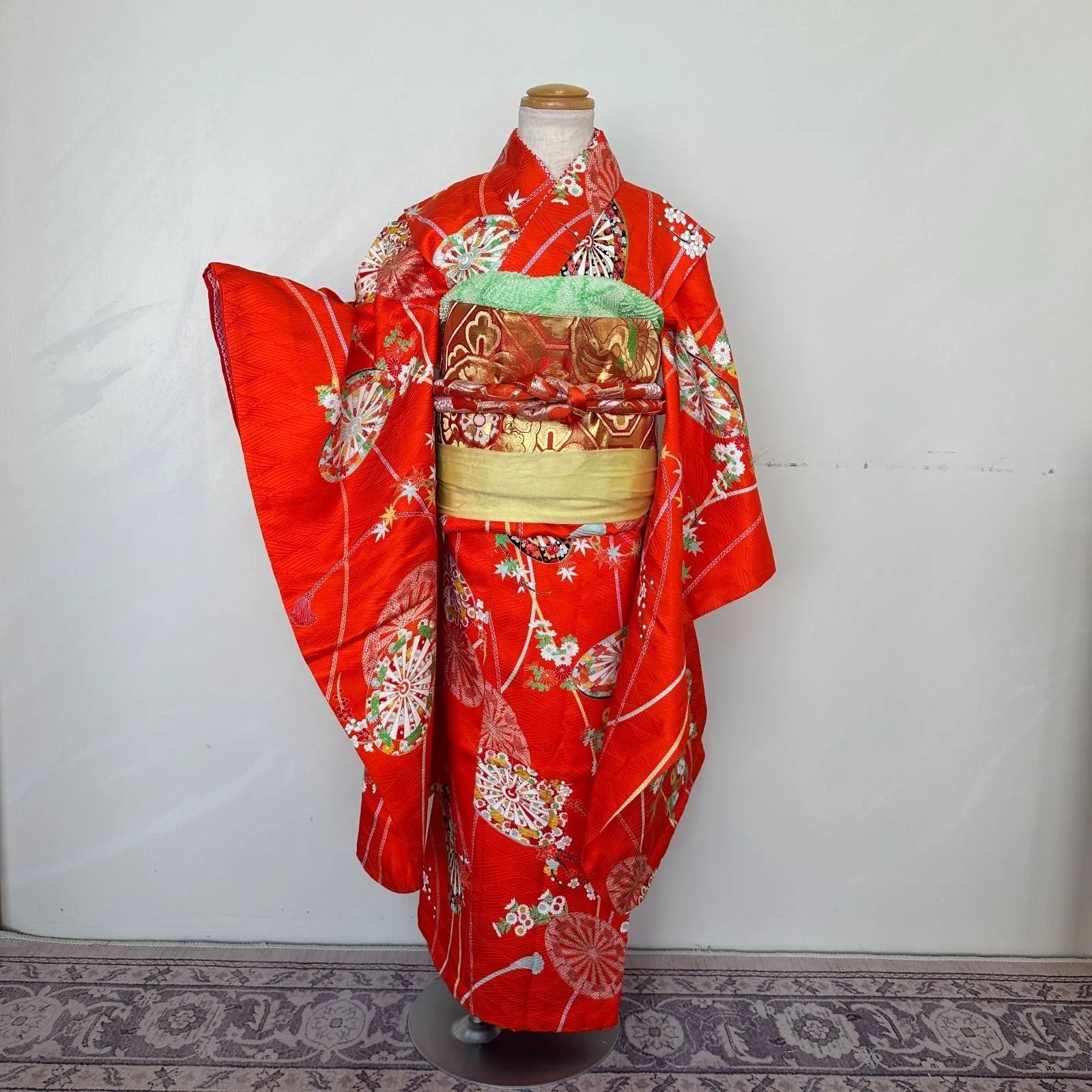 七五三 7歳女の子着物 オレンジ色 長襦袢 帯セット 帯揚げ帯締めしごき