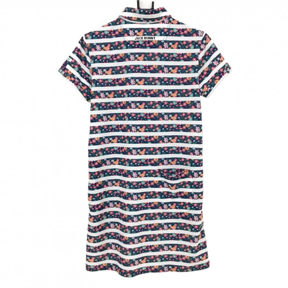 超 ジャックバニー 半袖ポロワンピース ネイビー×白 花柄 ボーダー LIBERTY レディース 2 L ゴルフウェア Jack Bunny