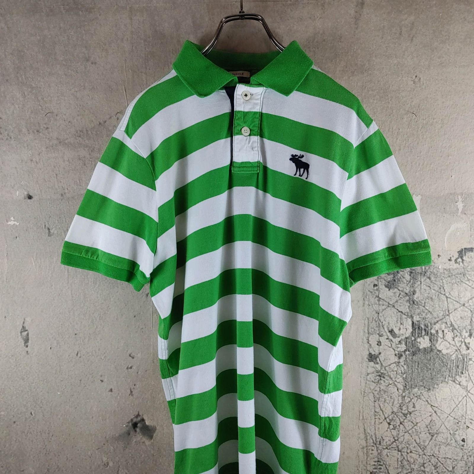 アバクロンビーアンドフィッチ　Abercrombie & Fitch　アバクロ　ポロシャツ　半袖　刺繍　ワンポイントロゴ　ボーダー　緑　XLサイズ　 コットン