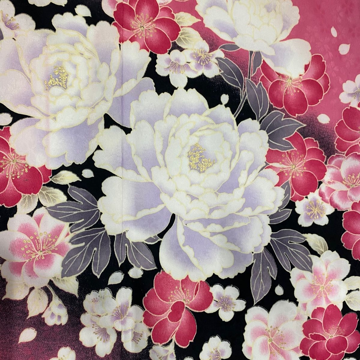 振袖 身丈168cm 裄丈68cm L 袷 牡丹 桜 銀通し 銀彩 赤 正絹 美品 逸品 中古 振袖 身丈157.5cm 裄丈68cm L 袷 牡丹 桜 金銀彩 銀通し 黒 正絹 逸品