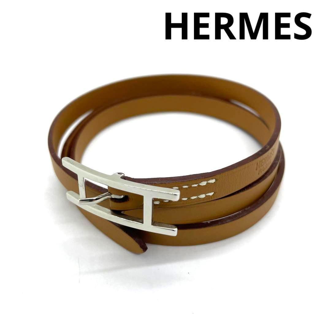 直売純正良品 HERMES エルメス ビーアピ 4連 レザー ブレスレット Mサイズ 黒 ブラック C0404 ブレスレット、バングル