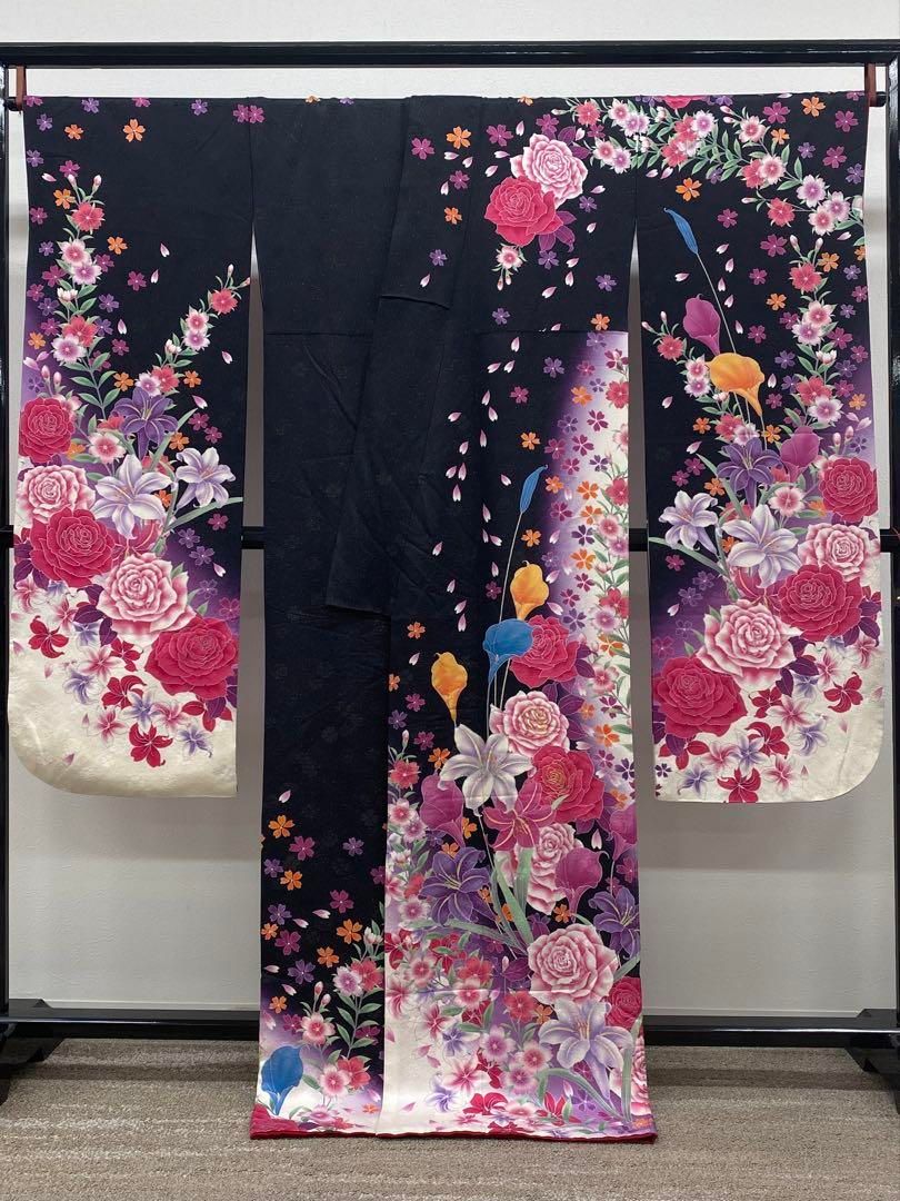 振袖 豪華 金通し 金彩 薔薇 百合 洋花 身丈166cm パールトーン加工済 