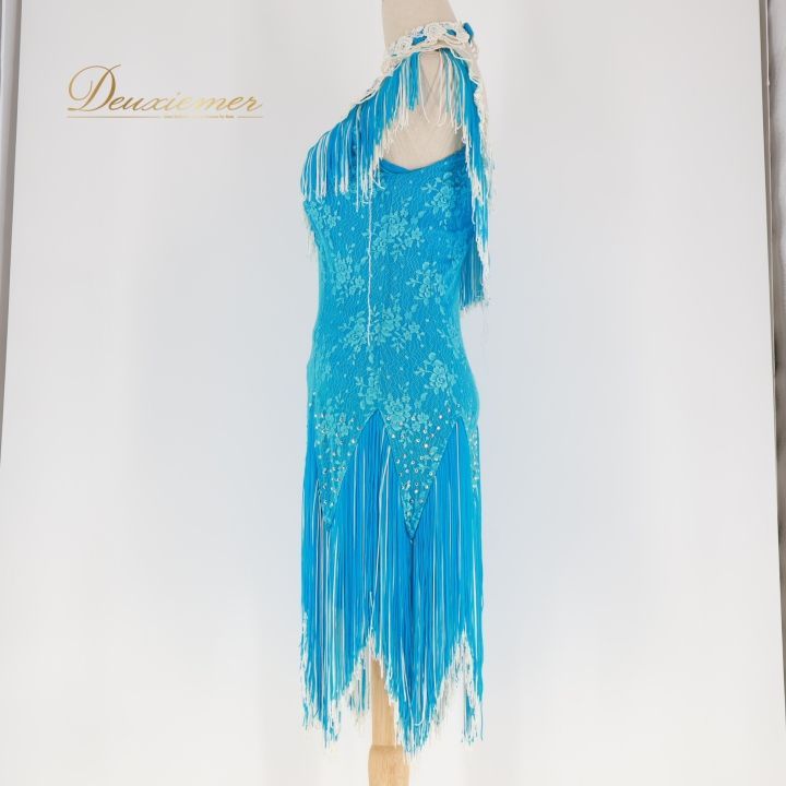 社交ダンス 衣装 ラテン ドレス ワンピース セキネ SEKINE ブルー系 フリンジ 白 水色 青 レース 花柄 デモ 競技 パーティ 発表会 ショートドレス おしゃれ レディース コスチューム フェスティバル 上品 デザイン フェミニン LLC-HASEGAWATOSO_COM