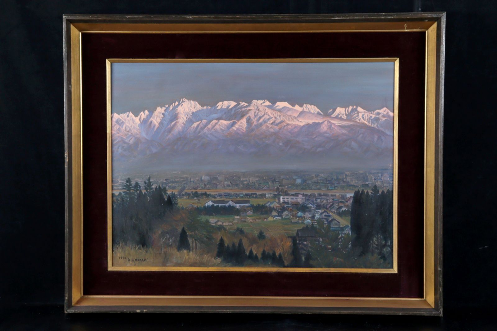 島崎力松作「呉羽山より夕映えの立山連峯を望む」 肉筆油彩20号 山 楾