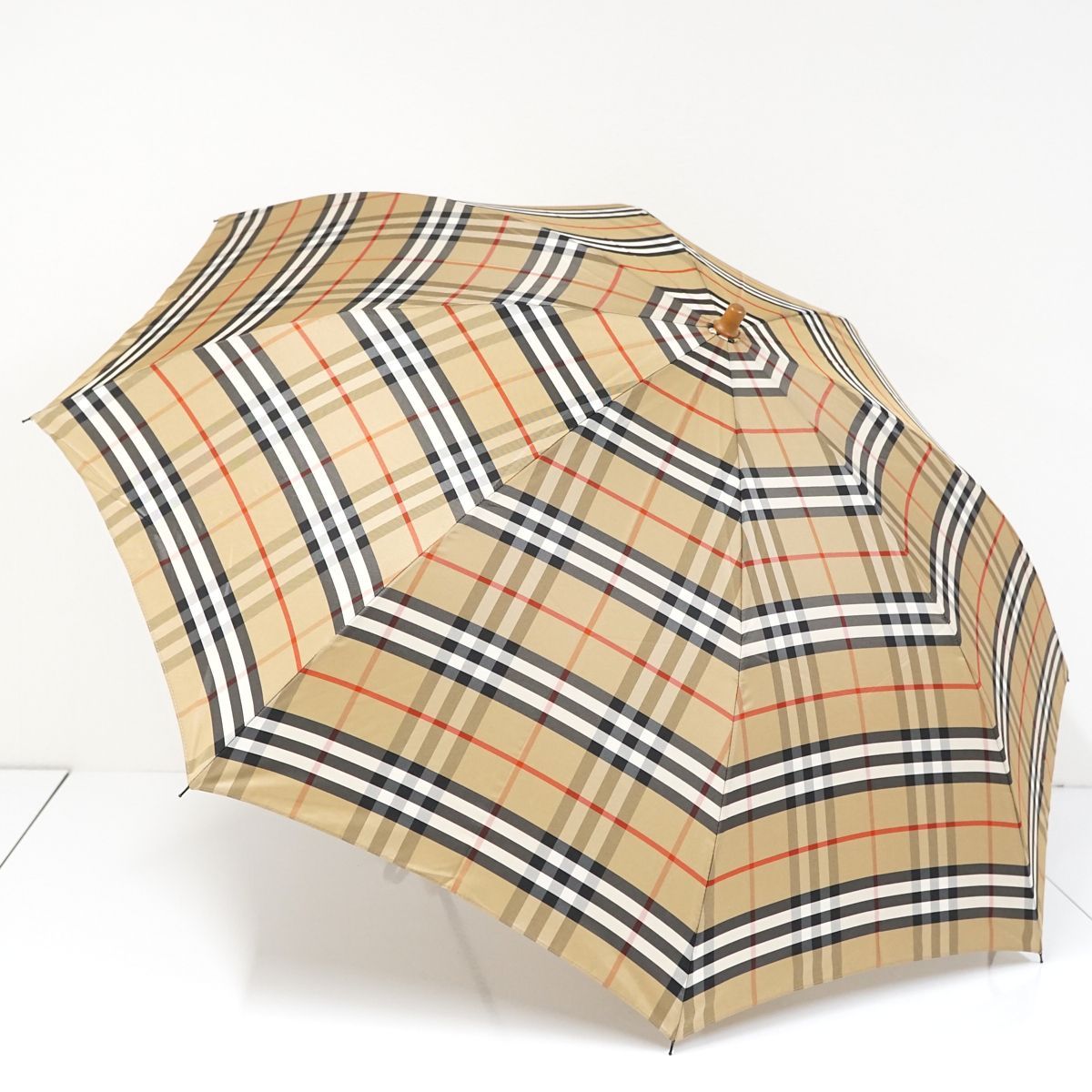 折りたたみ傘 BURBERRY バーバリー USED美品 高級傘 バーバリーチェック 定番柄 ベージュ 希少 55cm S FS8077