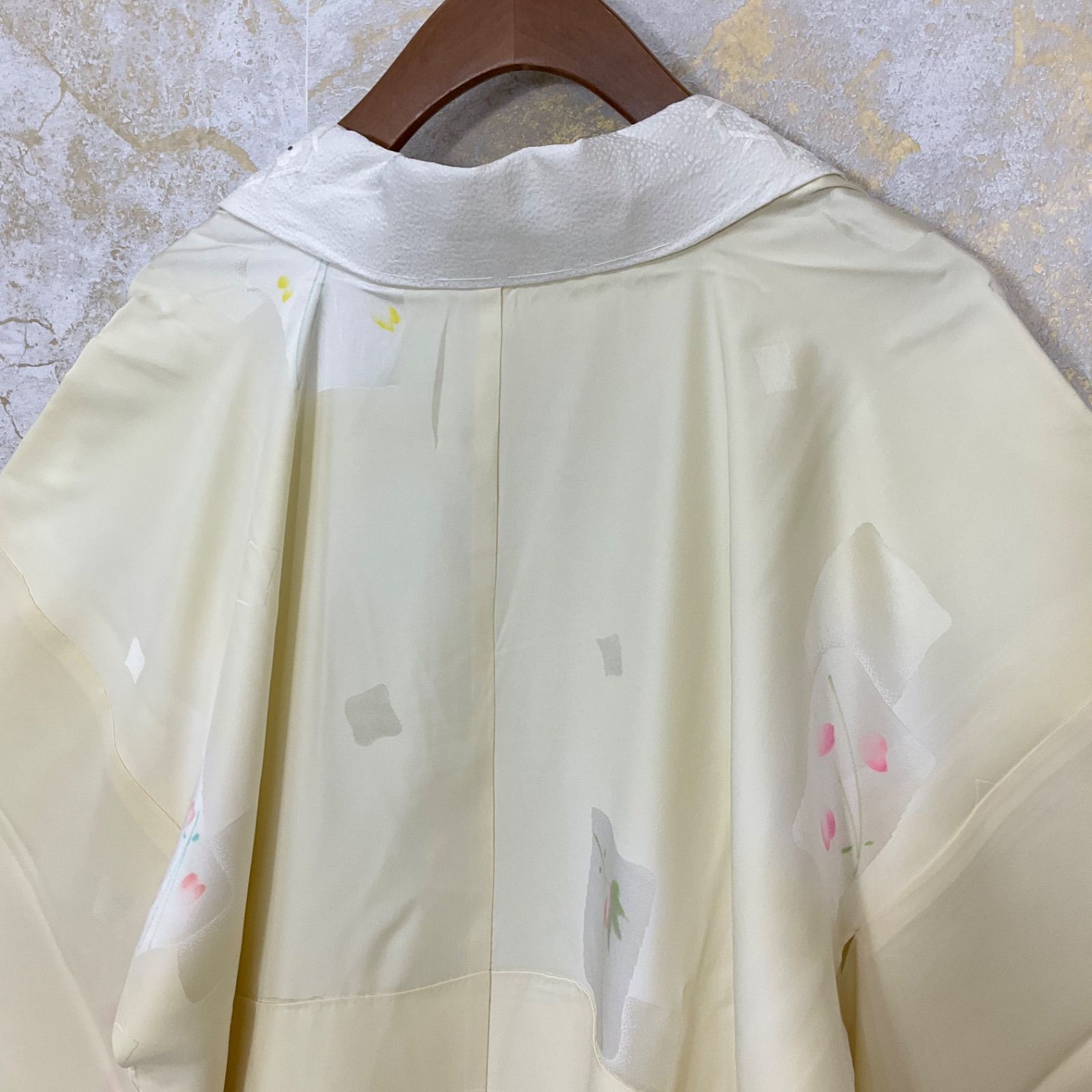 同然◆長襦袢◆仕付け糸付き◆袷◆刺繍半衿付◆裄長◆パステルイエロー◆裄68肩丈128◆小紋紬附下訪問着留袖袷単衣夏着物◆K1177