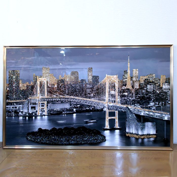 香港の夜景 油彩画 木製フレーム（油絵 旧船と夜の大滝 約77×137