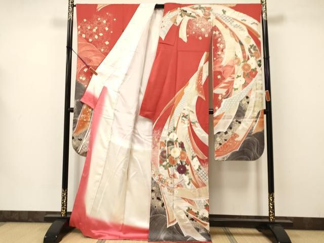 中振袖 アンティーク 豪華 金駒刺繍 束ね熨斗 曇文様 正絹 振袖 y167 平和屋着物□豪華振袖 駒刺繍 束ね熨斗飛鶴花文 金銀彩 正絹