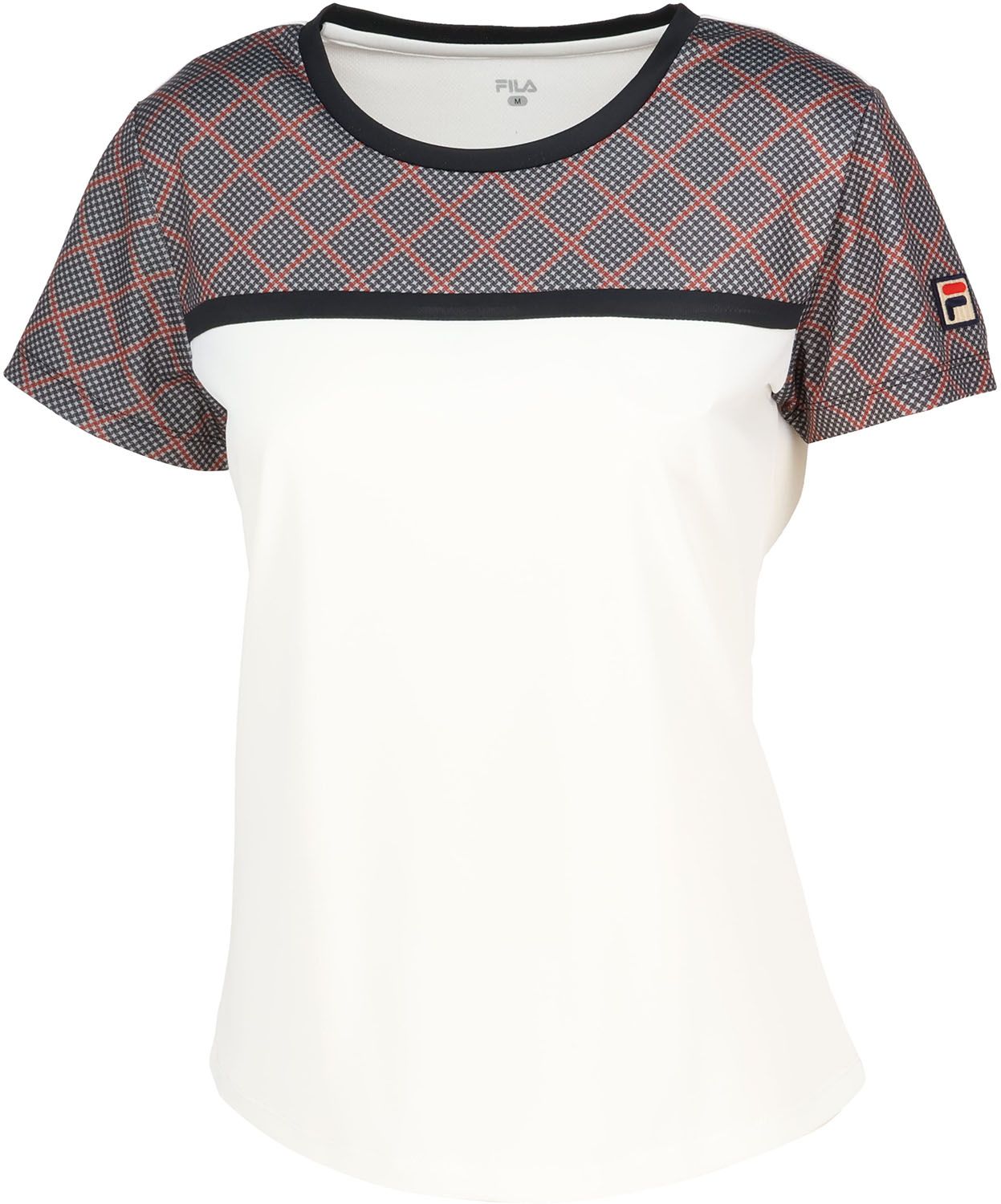 フィラ FILA テニス ゲームシャツ レディース ウィメンズ 女性 大人 半袖 Tシャツ トップス ウェア ロゴ チェック柄 部活動 クラブ サークル スクール 練習 試合 大会 移動 EL0216 05A マスタード