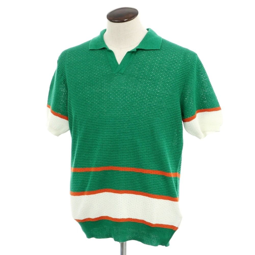 【新品】ガリア GALLIA リネンコットン スキッパー 半袖 ポロニット グリーンxホワイト【サイズ50】【メンズ】