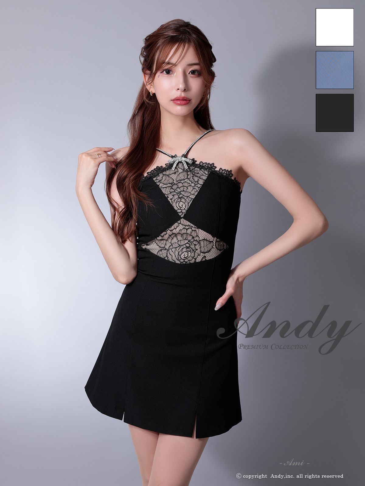 ブラックM OK2961-W-2507 XSサイズあり ANDY|アンディ ビジューリボン| ホルターネック| レース| 切替| ストレッチ| フ | ミニドレス| キャバドレス